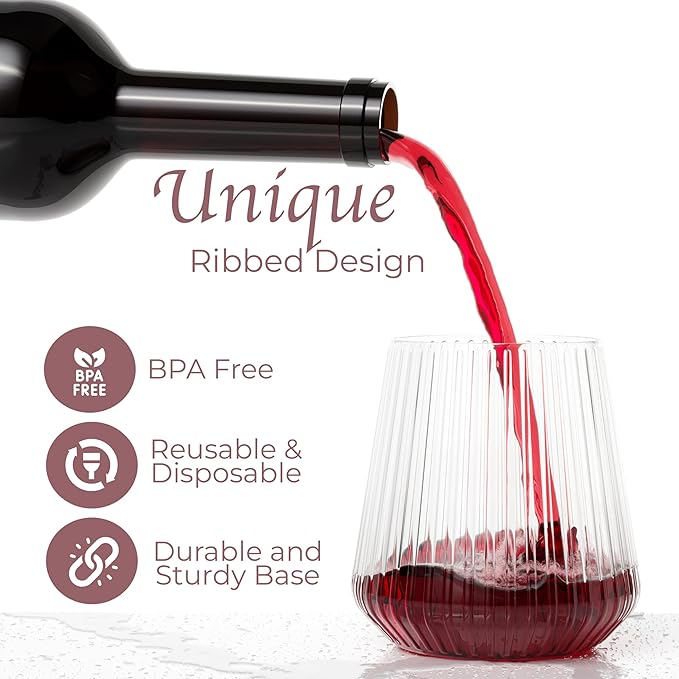 Exquisite 48 Pcs Unbreakable Stemless Plastic Wine Glasses Disposable Wine Glasses Stemless 12 Oz Ribbed Plastic Cups Reusable Clear Party Cups Disposable Cocktail Glass For Weddings & Events