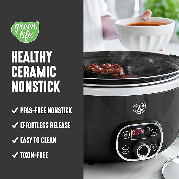 GreenLife 6QT Slow Cooker, Non-Toxic PFAS-Free Ceramic Nonstick Removable Interior Bowl, Programmable, Family Friendly, Keep Warm, Stovetop & Oven Safe, Dishwasher Safe Crock, Timer, Glass Lid, Black
