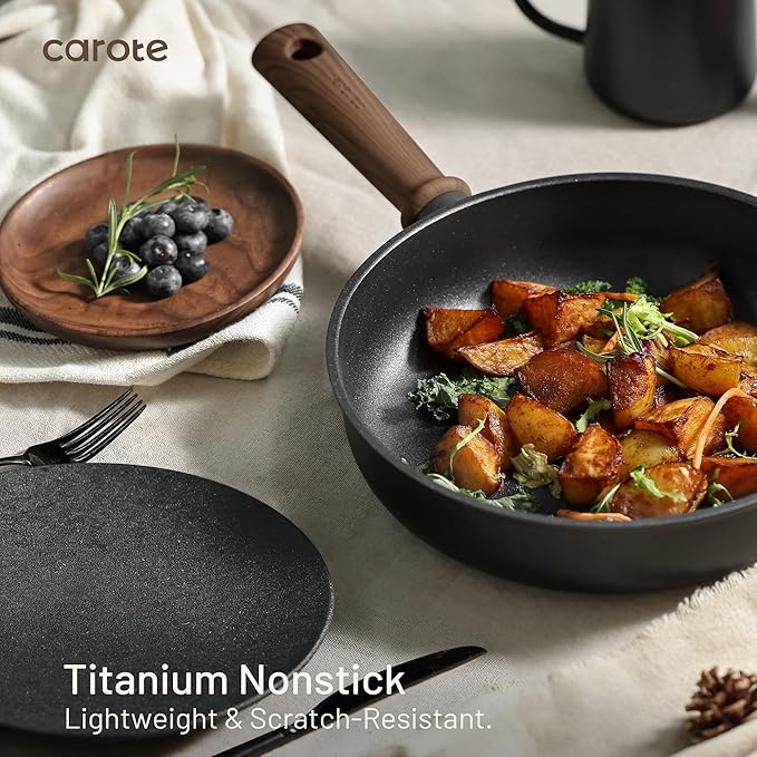 CAROTE Non Stick Frying Pans, 9.5" Nonstick Skillet Titanium Frying Pan Chef's Pan, Titanium Lightweight, Stay-cool Handle, Compatible with All Stoves, Black