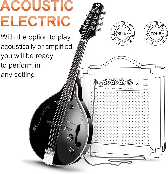 Vangoa Mandolin Instrument Mahogany Acoustic Electric A Style Mandolin Musical Instrument for Beginner Adults Teens Kids, Black