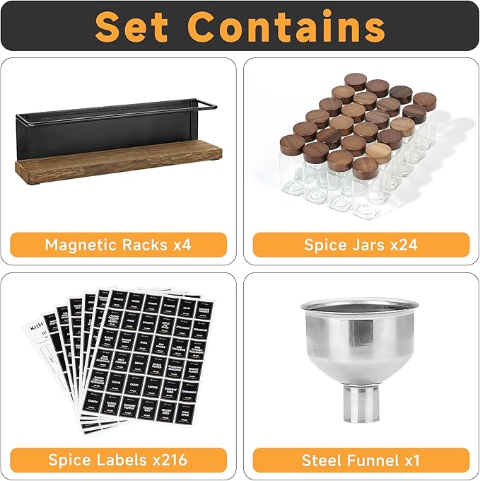 Wooden Lid Magnetic Spice Rack with 24 Jars, 216 Labels, 1 Steel Funnel for Refrigerator，Microwave Oven - Full Set of Spice Organizer