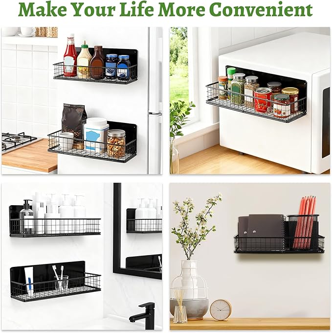 2 Pack Magnetic Basket for Fridge, Magnetic Spice Rack for Side of Refrigerator, Small Magnet Wire Bin Basket Fridge Shelf Organizer Kitchen Classroom Whiteboard Pantry Office Storage, Black