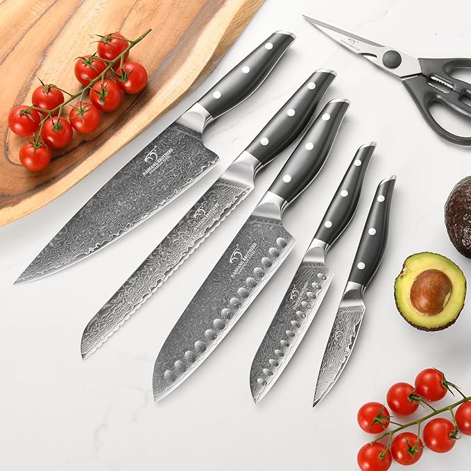 NANFANG BROTHERS Knife Set, 7-Pieces Damascus Kitchen Knife Set with Block, ABS Ergonomic Handle for Chef, Carving Fork, Disconnect-type Knife Block Set (Grey)