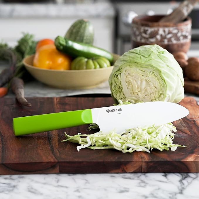 Kyocera INNOVATIONwhite 5.5" Ceramic Santoku Knife - White Z212 Blade with Non-Slip Green Handle