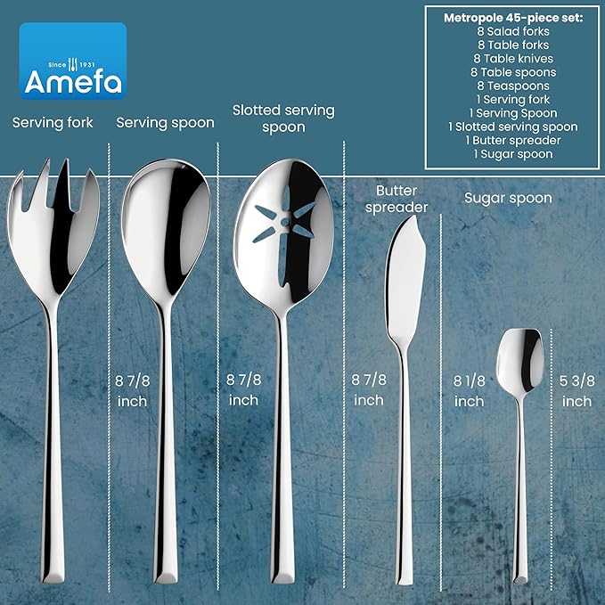 Amefa Metropole 45-Piece Flatware, Set for 8 – Stainless Steel Silverware, Polished Mirror Finish, Ergonomic Rust-Resistant Cutlery, Forks, Knives, Spoons, Salad Forks & Teaspoons for Dining & Parties