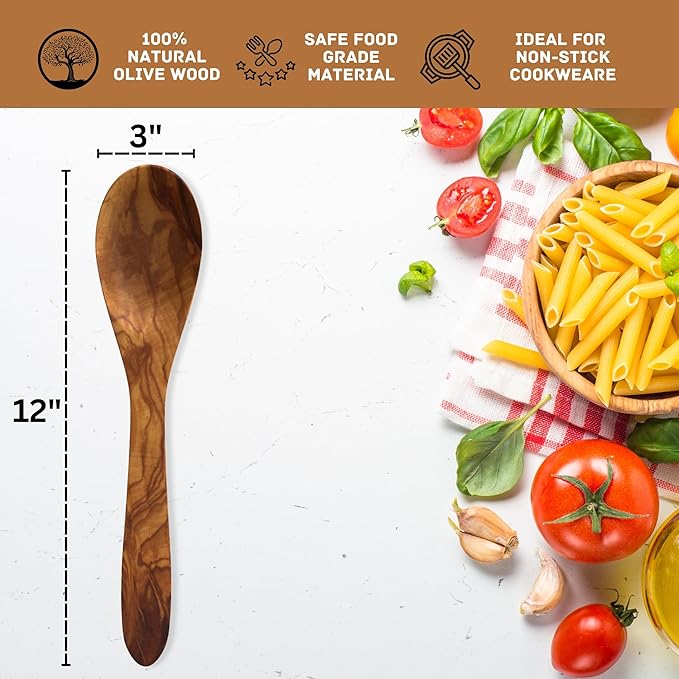 12 Inch Olive Wood Spoons For Cooking | Large Wooden Cooking Spoons for Mixing, Soup and Stirring | Non Stick Long handle Kitchen Utensil Serving Spoon For Salad | Big Wooden Spoons