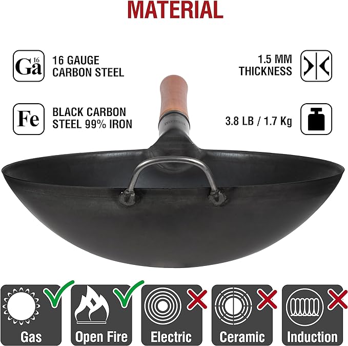 YOSUKATA 14" Carbon Steel Wok with Round Bottom – Pre-Seasoned Pow Wok for Stir Fry – Traditional Chinese Japanese Black Steel Pan – Outdoor Cookware for Gas Stovetops, Open Fire, BBQ, Camping