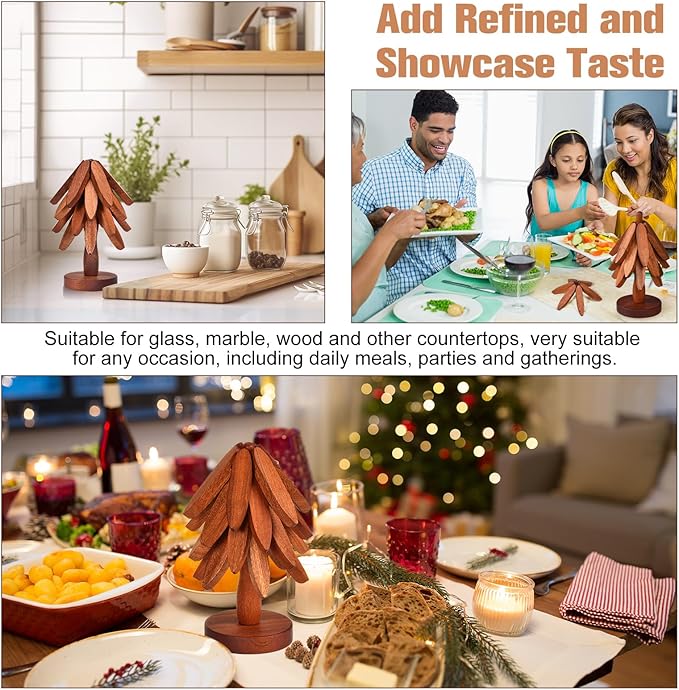 Wooden Trivets for Hot Dishes - Christmas Tree Coasters Set, Tree Shape Trivet With Stand, 4 Pieces + 1 Stand (Walnut Wood, 8.7)