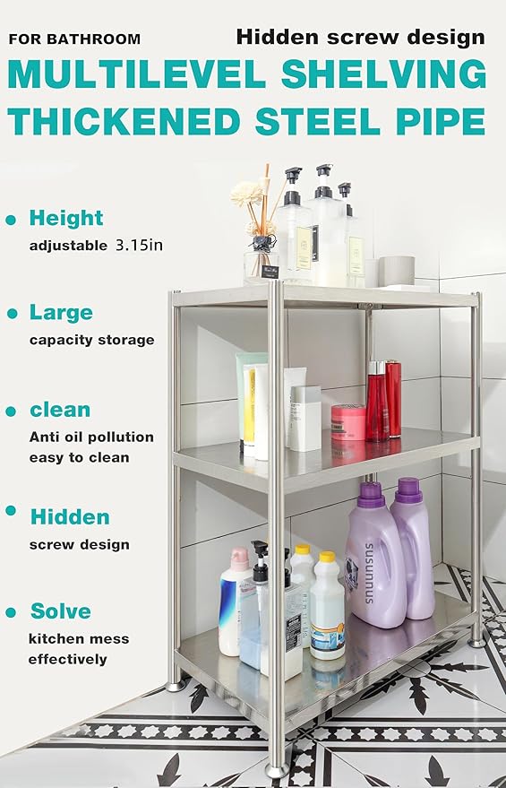 susunnus Stainless Steel Shelves 23.6in-4 Tier, Stainless Steel Shelf Organizer, Kitchen Storage Shelves, Artistic Texture, Pragmatic & Sturdy & Waterproof