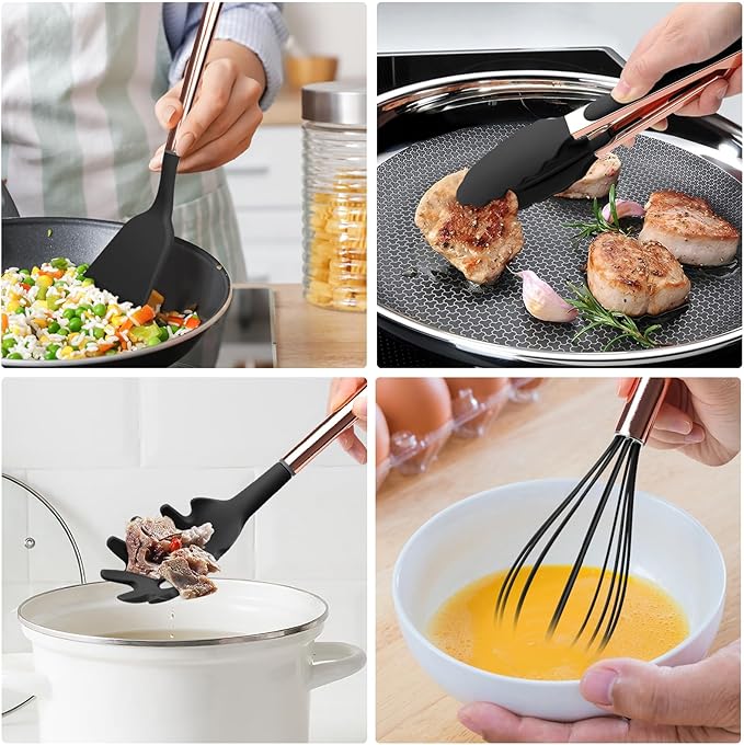 Black Kitchen Utensil Set with Holder, 22 Pcs Silicone Cooking Utensils Set for Nonstick Cookware, Heat Resistance Spatula Set, Stainless Steel Handle Kitchen Gadgets Utensils Set