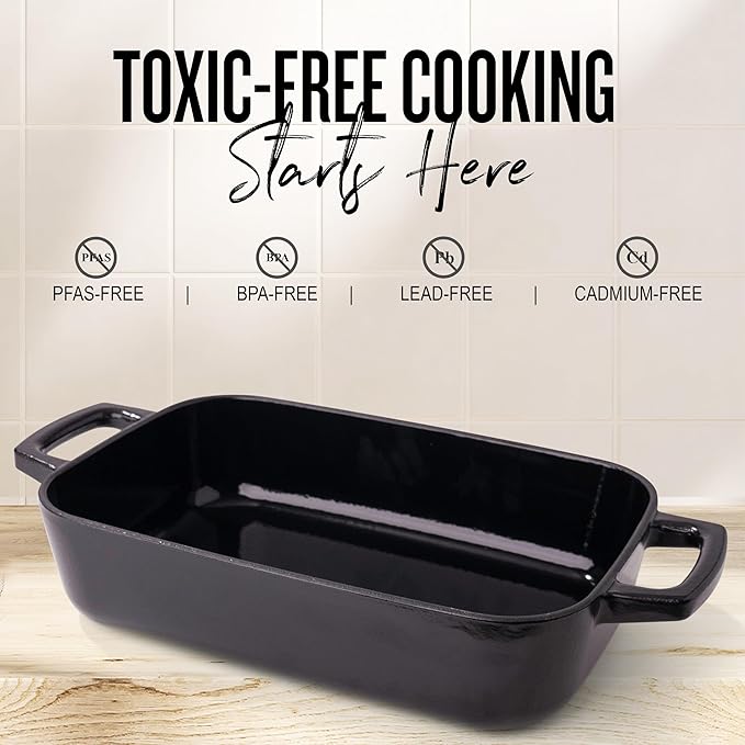 Alva Nori Enameled Cast Iron Roasting Pan 12x8" – Made With No PFAS/PTFE/PFOA, Oven & Induction Safe – 3-Layer Enamel, No Seasoning Needed – Durable, Easy-Clean Bakeware for Healthy Cooking, Black