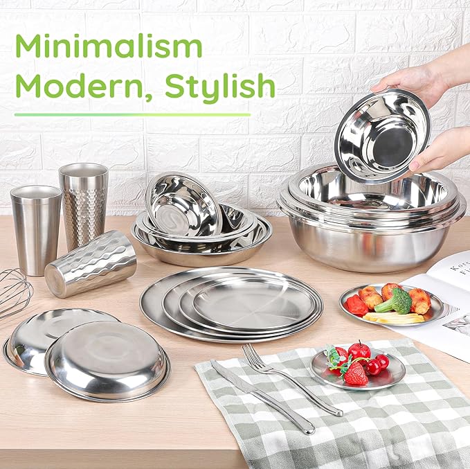 304(18/8) Stainless Steel Mixing Bowls for Kitchen, 6 Pack 8.7" 34.88 fl.oz Metal Mixing Bowls Set Stackable for Baking Serving Cooking Food Prep Storage Dishwasher Safe Heavy Duty