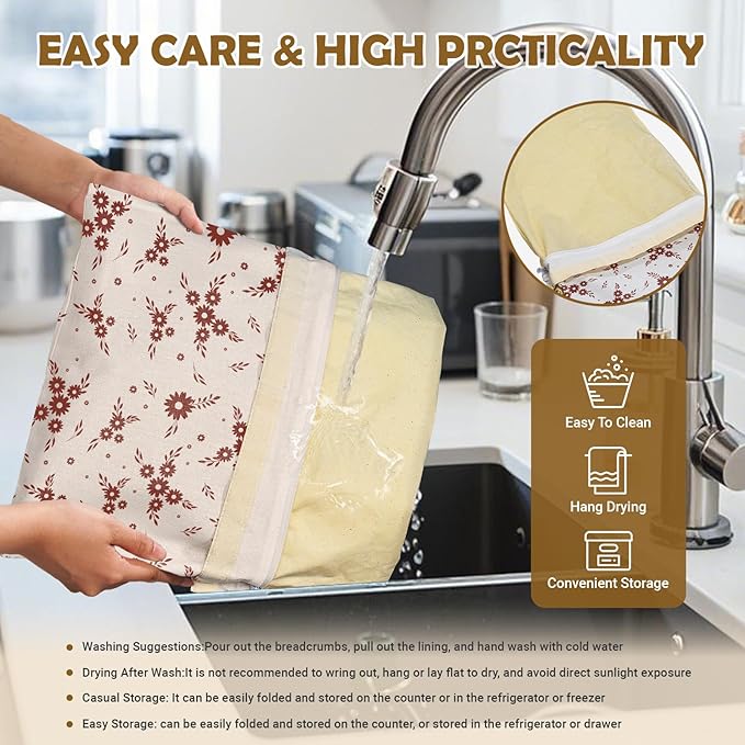 Large Linen Beeswax Bread Bags(2 Pack) Sourdough Bread Bags Reusable Double-Lock Freezer Baking Container Gift Giving for Homemade,Loaf,Sourdough,Food Storage (Flowers 2)