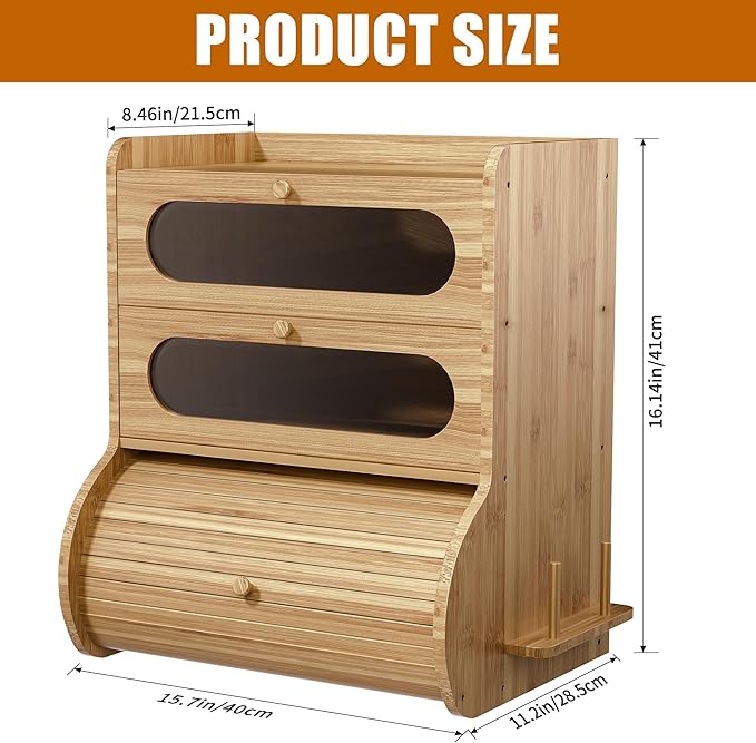 Bread Box for Kitchen Countertop, 3 Tier Large Capacity Breadbox, with Window, Cutting Board Rack and Knife Holder, Bamboo Bread Container, Under Cabinet Organizer