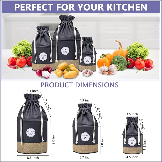 Meraki Home Potato Onion Garlic Storage Containers - Farmhouse Kitchen Storage Organization Pots - Sustainable Jute Cotton Vegetable Baskets Bins - Drawstring Holder (Grey)