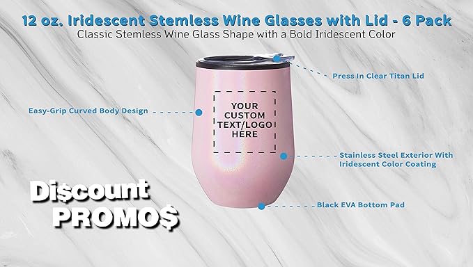 Custom Palmera Stemless Wine Tumblers with Lids 12 oz. Set of 6, Personalized Bulk Pack - Perfect for Wine, Cocktails, Other Hot & Cold Beverages - Iridescent Pink