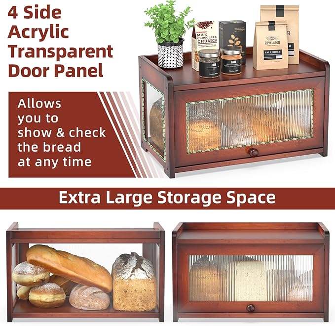 BAMBANG Bamboo Bread Box for Kitchen Countertop, Large Capacity Bread Storage Container Farmhouse Bread Box with 3 Sides Wavy & Back Clear Window, Breadbox Bin Holder for Homemade Bread, Rustic Brown
