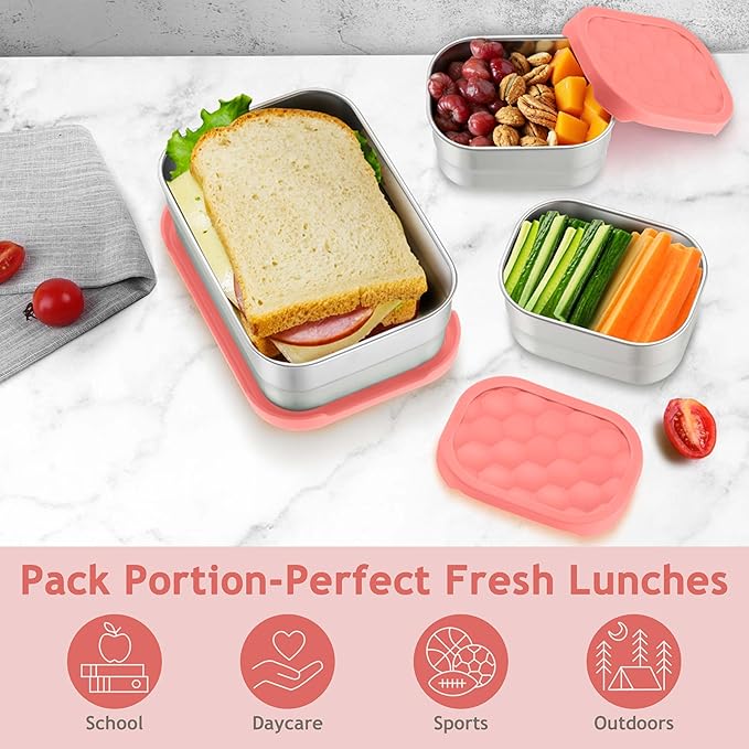 Homikit 3 Pack Kids Lunch Box Set, 18/10 Stainless Steel Bento Boxes with Silicone Lids Leak Proof, 5 Cups Reusable Metal Food Snack Containers for School Daycare, Nontoxic & Dishwasher Safe, Pink