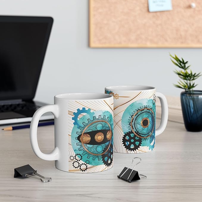 Turquoise, Black, and Copper Gears Coffee Mug for Men, Blue Coffee Mugs for Engineers, Mechanics, or Gear Head gifts,