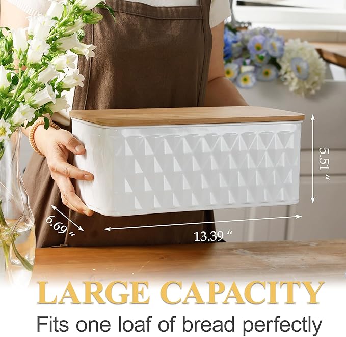 Large Bread Box for Kitchen Countertop Corner Breadbox for Homemade Bread Metal White Diamond Pattern Embossed Bread Storage Container Bin with Bamboo Lid
