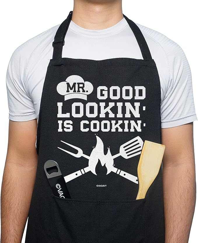 100% Cotton, Black Funny Aprons for Men, Dad, Husband - Birthday, Father’s Day Grilling Gifts for Papa, Husband.