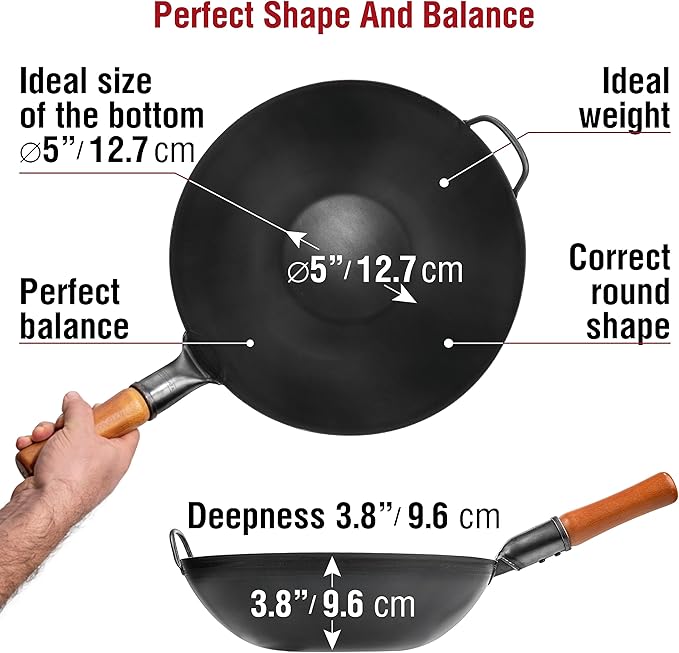 YOSUKATA Carbon Steel Wok Pan – 13,5 “ Woks and Stir Fry Pans + Wok Lid 12.8 Inch - Premium Stainless Wok Cover with Tempered Glass Insert Steam Holes and Ergonomic Handle