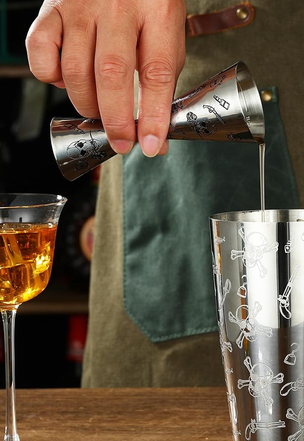 Double Cocktail Jigger Slim Style Measuring Jigger with Etched Pattern (Skull Rose)