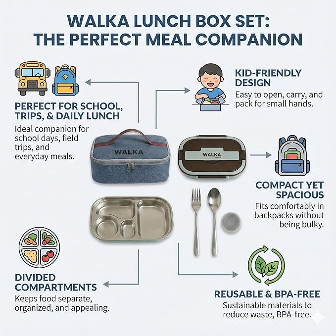 WALKA Lunch Box Stainless Steel, Metal Bento Boxes Leak-Proof, 4 Compartments Bento Lunch Box, Food Storage Containers, Dishwasher Safe with Bag (Blue)