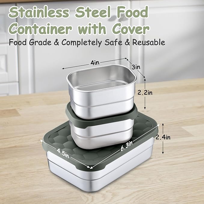 Homikit 3 Pack Kids Lunch Box Set, 18/10 Stainless Steel Bento Boxes with Silicone Lids Leak Proof, 5 Cups Reusable Metal Food Snack Containers for School Daycare, Nontoxic & Dishwasher Safe, Gray