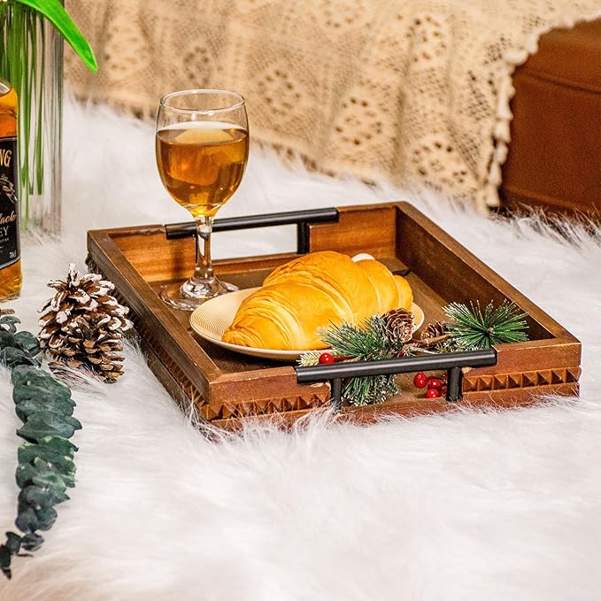 Rustic Wood Serving Tray with Handle Brown Rectangular Decorative Trays Farmhouse Charcuterie Boards Platter for Food, Fruit, and Coffee Great for Bed, Living, Coffee Table, Kitchen and Party