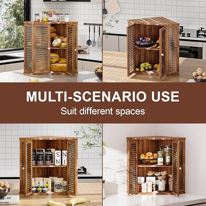 Corner Bread Box for Kitchen Countertop, Elegant Breadbox Organizer for Kitchen Countertop Cabinet 16.5in H,Large Double Layer Acacia Wooden Bread Storage Container with Glass Doors