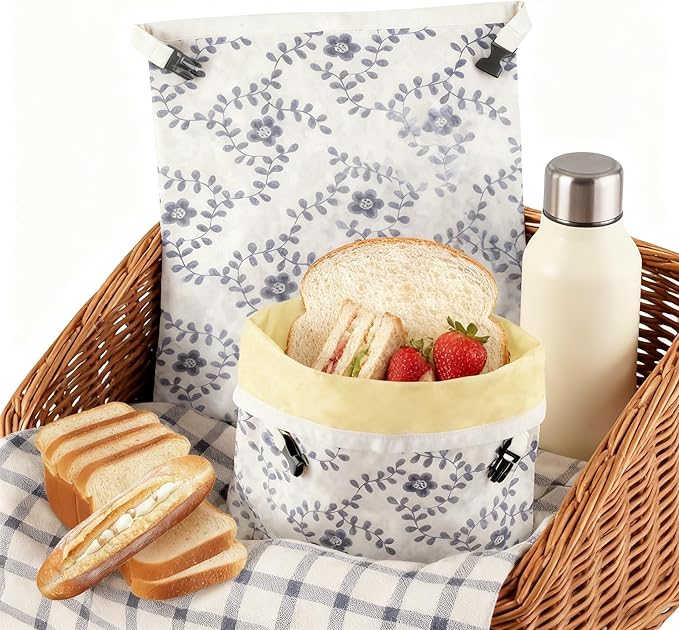Reusable Beeswax Bread Bags for Homemade Bread Sourdough Loaf 17in x12.9in Large Beeswax Storage Bags farmhouse bread box Cotton Linen Bag 2 Pack Portable Bread Containers (Blue flower)