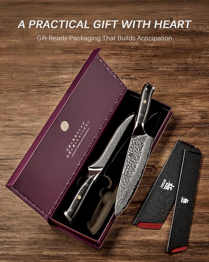 KYOKU Knife Set, Shogun Series 2pc Japanese Style Kitchen Knife Set, 7" Boning 8" Chef Knife with Sheath Gift Box, Professional Sharp Damascus Stainless Steel Knives for Meat Vegetable