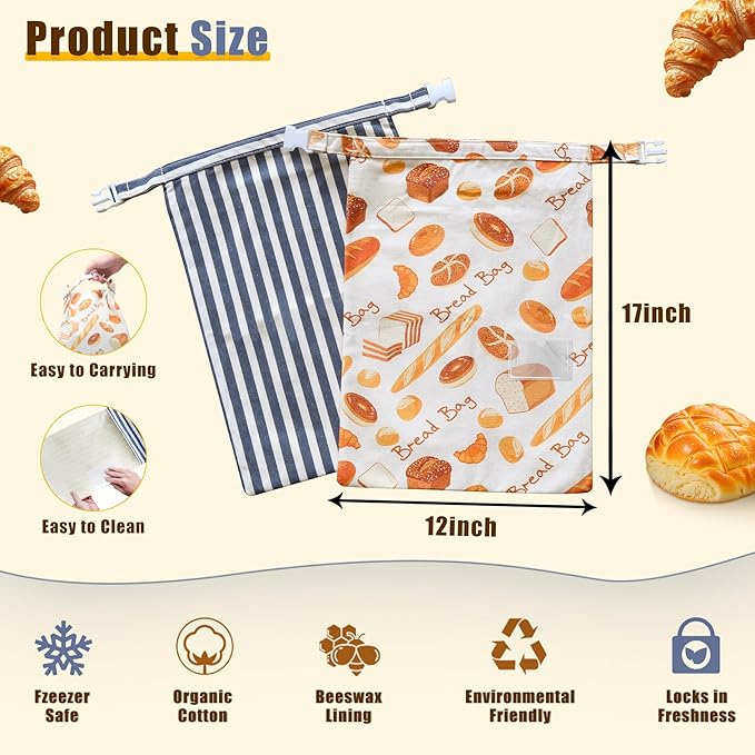 Reusable Beeswax Bread Bags for Homemade Bread Sourdough, XL Eco-Friendly Fresh Food Storage with Buckle & Zipper, Moisture Lock, Keeps Bakes Fresh Longer (2 Pack)