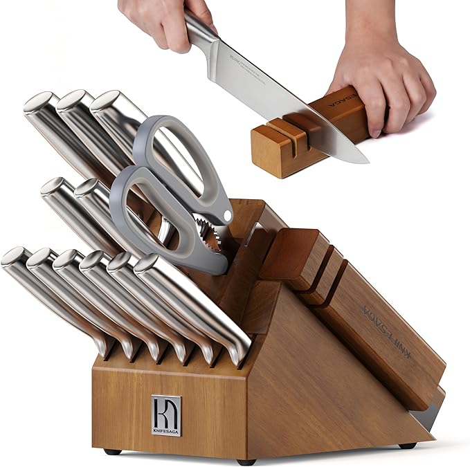 Knife Block Set with Two-stage Sharpener, 14-Piece | Razor Sharp Japanese Stainless Steel Kitchen Knives with Ergonomic Handles