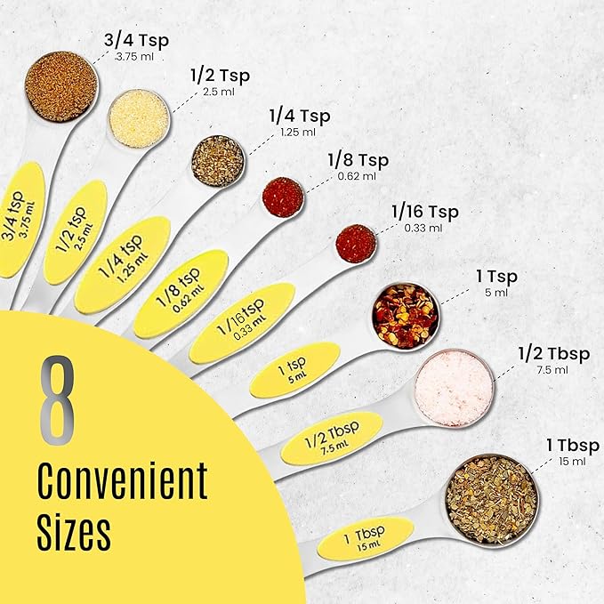 Magnetic Measuring Spoons Set of 9 Stainless Steel Dual-Sided Stackable Measuring Spoon Nesting Teaspoons Measuring Dry and Liquid Ingredients, Fits in Spice Jars Set of 9 (Yellow)
