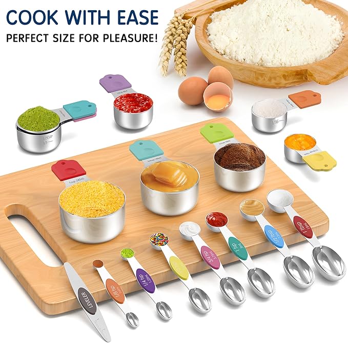 Magnetic Measuring Cups and Spoons Set, 8 Nesting Stainless Steel Measuring Cup Set with Easy to Read Markings, 7 Magnetic Measuring Spoons & 1 Leveler for Measuring Dry or Liquid Ingredients