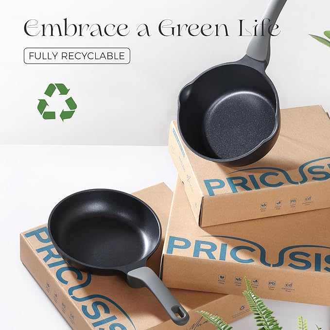 PRICUSIS Nonstick Frying Pan with Lid, 8/10 Inch Skillet with Stay Cool Handle, Fully Coated, Induction Compatible & Oven Safe, 100% Dishwasher Safe, PTFE & PFOA Free（8 Inch, Black Sesame）