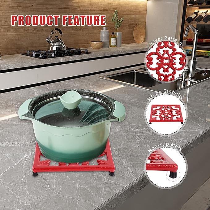 Cast Iron Metal Trivet for Hot Dishes, 7 Inches Square Vintage Iron Trivet for Hot Pots and Pans, Heat Resistant Hot Mat Pad for Kitchen Countertop, Red
