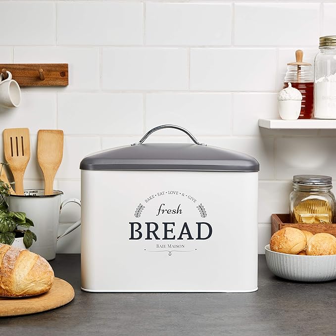 Extra Large White Farmhouse Bread Box for Kitchen Countertop - Breadbox Holder Fits 2+ Loaves - Bread Storage Container Bin - Rustic Bread Keeper Vintage Metal Kitchen Decor for Counter (Grey Lid)