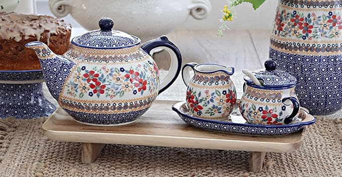 Blue Rose Polish Pottery - Red Daisy Teapot - 5 Cup Capacity - Hand-Painted Polish Pottery Ceramic Coffee & Tea Server