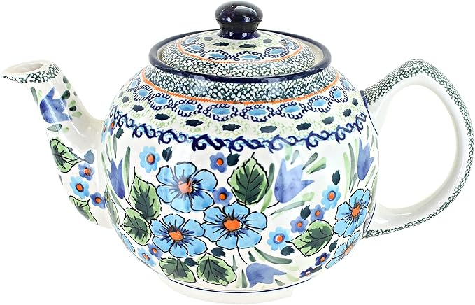 Blue Rose Polish Pottery - Blue Ballina Medium Teapot - 4 Cup Capacity - Hand-Painted Polish Pottery Ceramic Coffee & Tea Server
