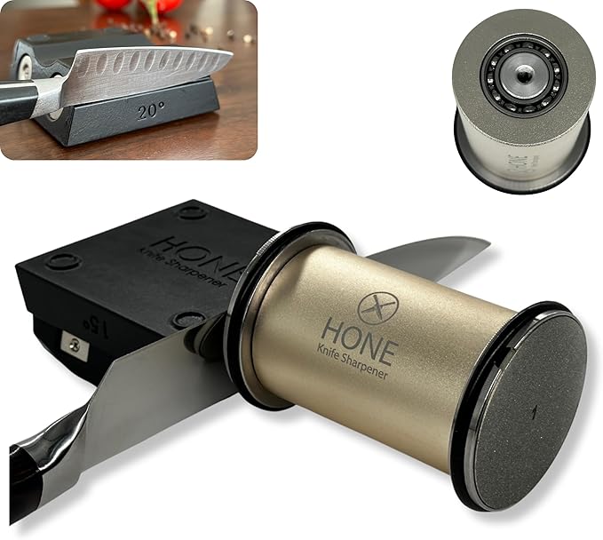 𝗛𝗢𝗡𝗘 𝗞𝗻𝗶𝗳𝗲 𝗦𝗵𝗮𝗿𝗽𝗲𝗻𝗲𝗿: Engineered in Canada, Knife Blade Repair and Restoration Tool with Ball Bearings and Detachable Dual-Sided Diamond Sharpening Plates.