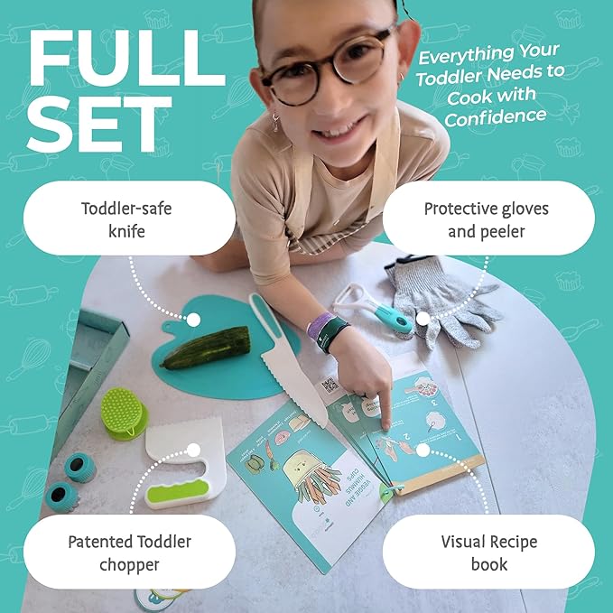 Tovla Jr. Toddler Cutting Set – Real Kids Knife & Chopper with Safety Gloves, Peeler & Visual Recipe Book – Montessori Cooking Tools Ages 3–8, Premium Gift for Kids