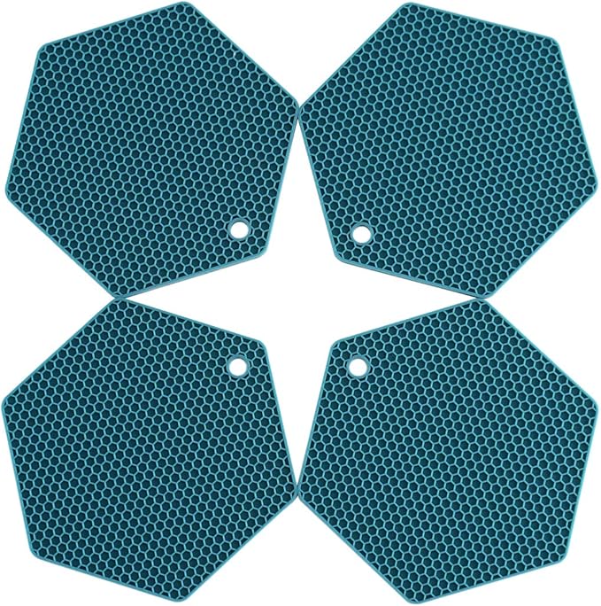 4 Packed Silicone Trivet Mats - DIY Different Size Dish Drying Mat, Hot Pot Holder for Pots & Pans, Non-Slip & Heat Resistant Kitchen Hot Pads for Countertops & Table,Teal