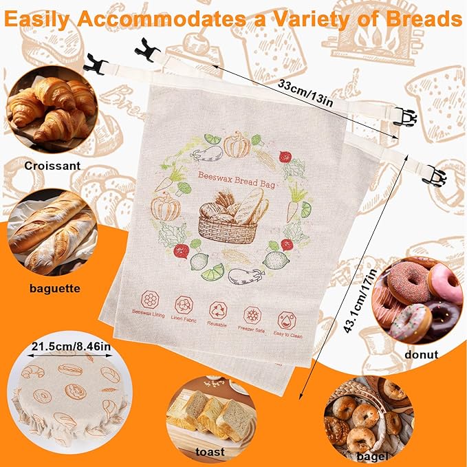 3 Pack Beeswax Bread Bags for Homemade Bread & Sourdough,Reusable Organic Linen Beeswax Sourdough Bread Bags with Linen Bowl Cover,17 x 13" Food Storage Cloth Bag-Keeps Bakes Fresh Longer