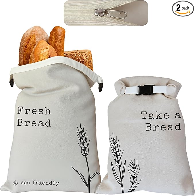 Bread Bags for Homemade Bread - 2 Pack XXL Cloth Bread Bags with Lining and Double Lock, Reusable Freezer Bags, Durable Bread Storage Bags, Reusable Gift Bags for sourdough