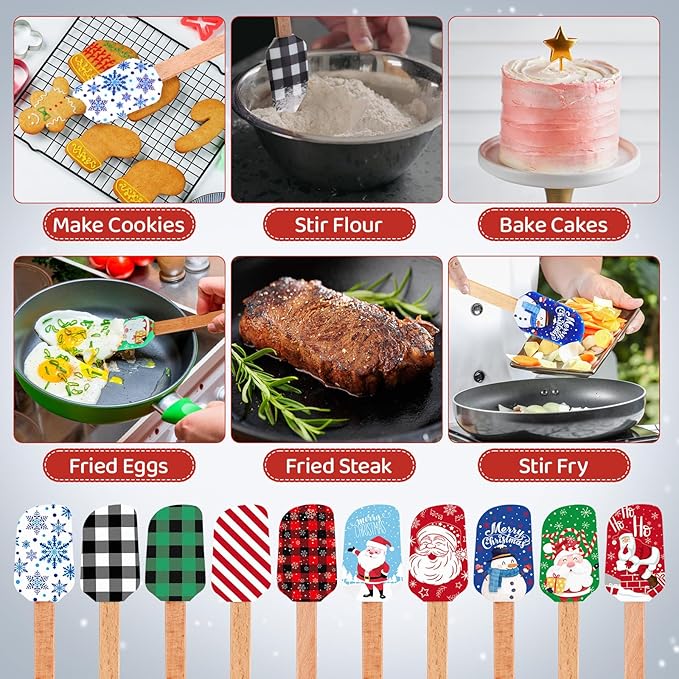 Nitial 10 Pieces Christmas Silicone Spatula Gift Set with Wooden Handle Santa Baking Kitchen Spatula with Christmas Cards for Women Cooking Housewarming (Retro Color)