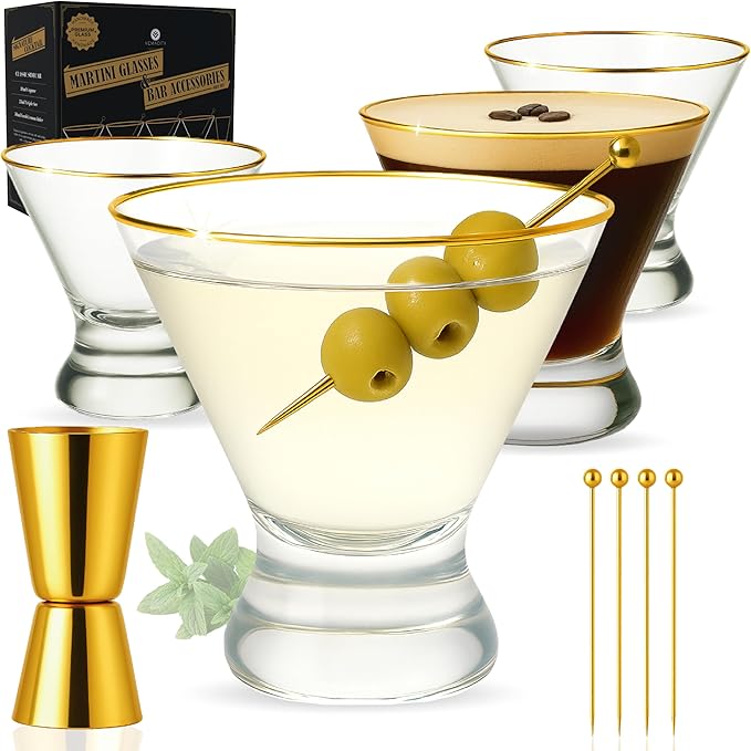 VEMACITY - Stemless Martini Glasses Set of 4 with Gold Rims & Bar Tools - Crystal Cocktail Glasses for Espresso Martinis, Margaritas - Includes Gold Jigger & 4 Picks | Ideal for Christmas & New Years