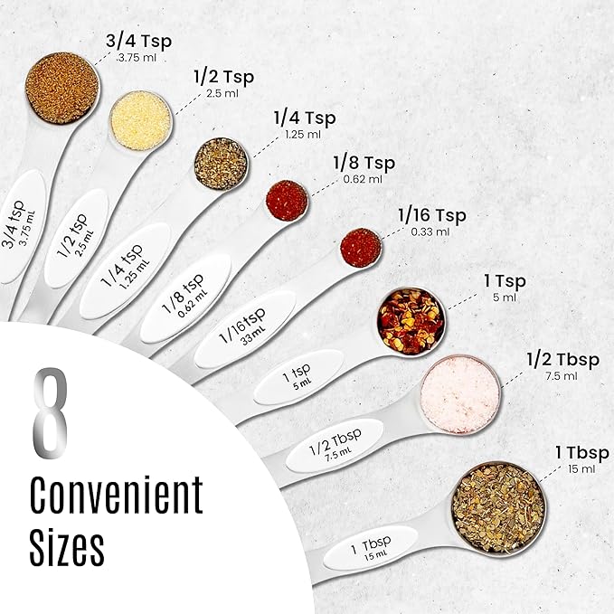 Magnetic Measuring Spoons Set of 9 Stainless Steel Dual-Sided Stackable Measuring Spoon Nesting Teaspoons Measuring Dry and Liquid Ingredients, Fits in Spice Jars Set of 9 (White)
